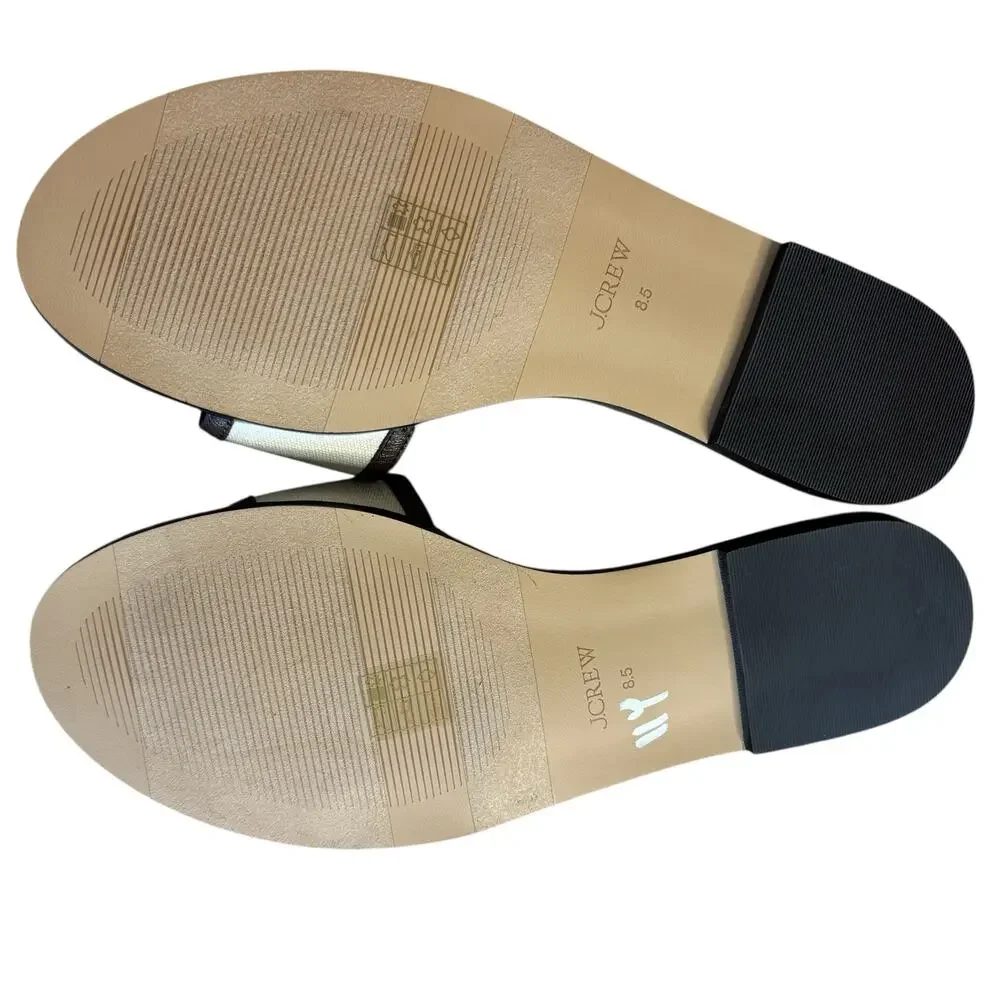 J.Crew Brown Leather Slide Sandals Ivory Strap Minimalist Summer Flat Size 8.5